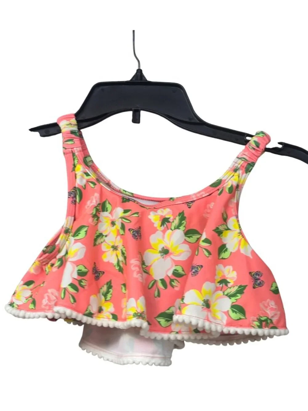 Nicole Miller Girls Floral Ruffle Bikini Top Swimwear With Pom Pom Trim Size 14